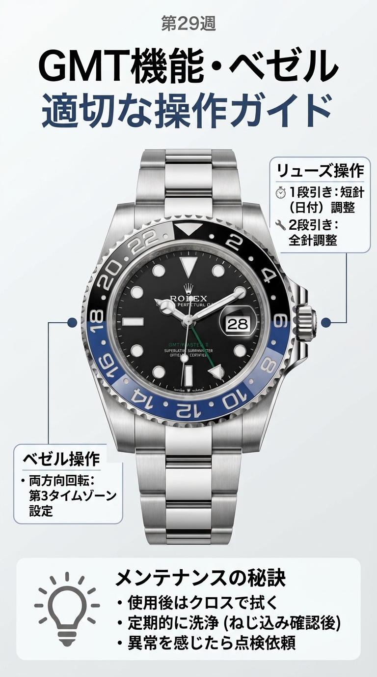 【愛機を守る時計ケア】2か国の時差を正確に刻む！GMT機能の正しい操作と注意点